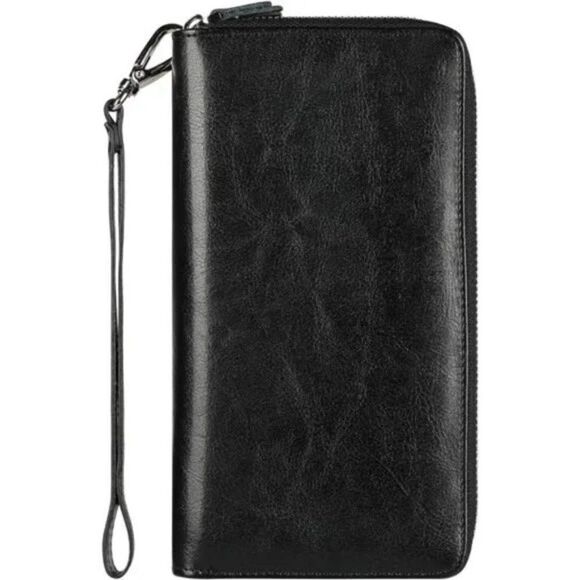 New Leather Large Capacity Zip Around Wallet 2-Waxed Black RFID Wristlet - Picture 1 of 8